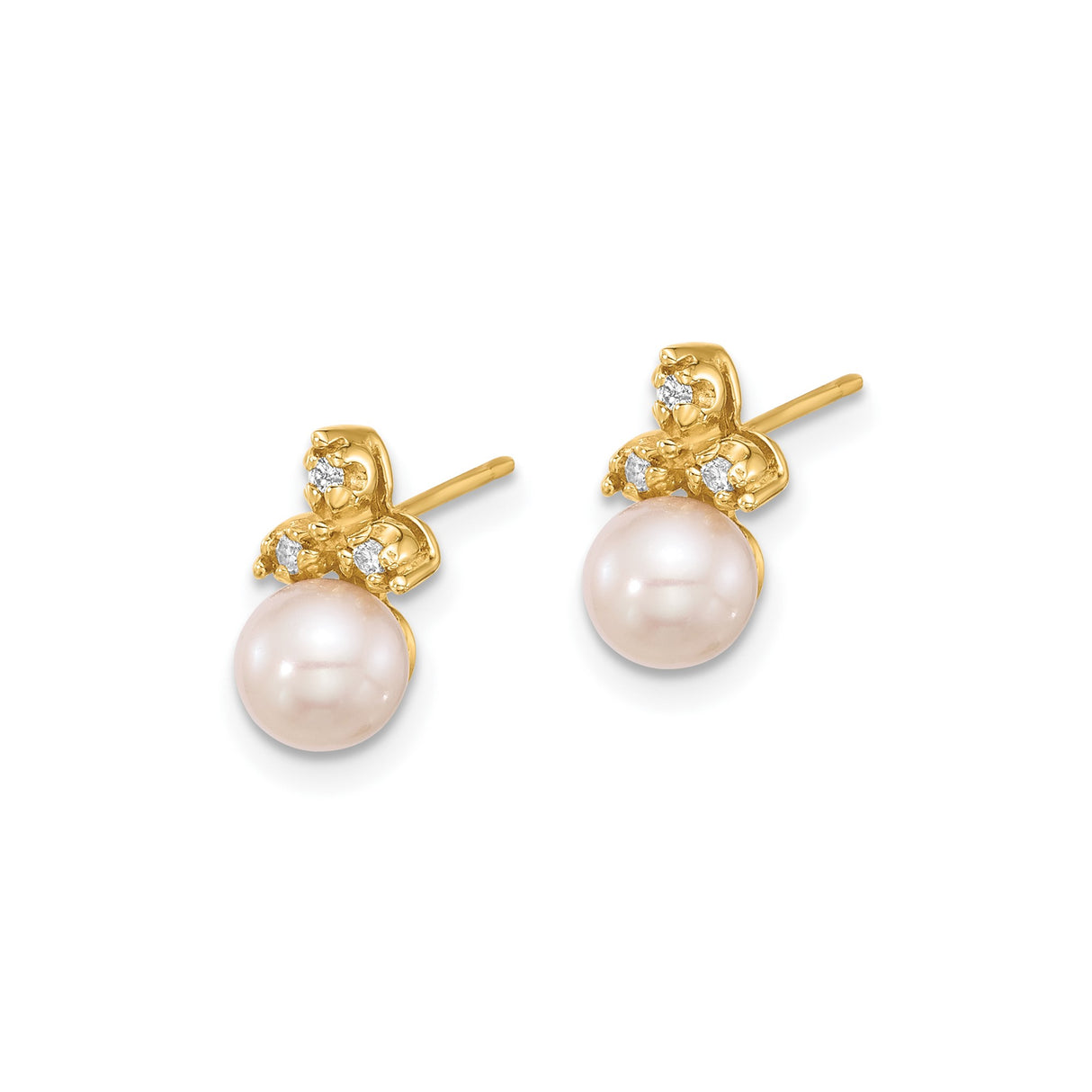 14k Yellow Gold Stud Earrings with White Cultured Pearls and Diamond Accents, Floral Design