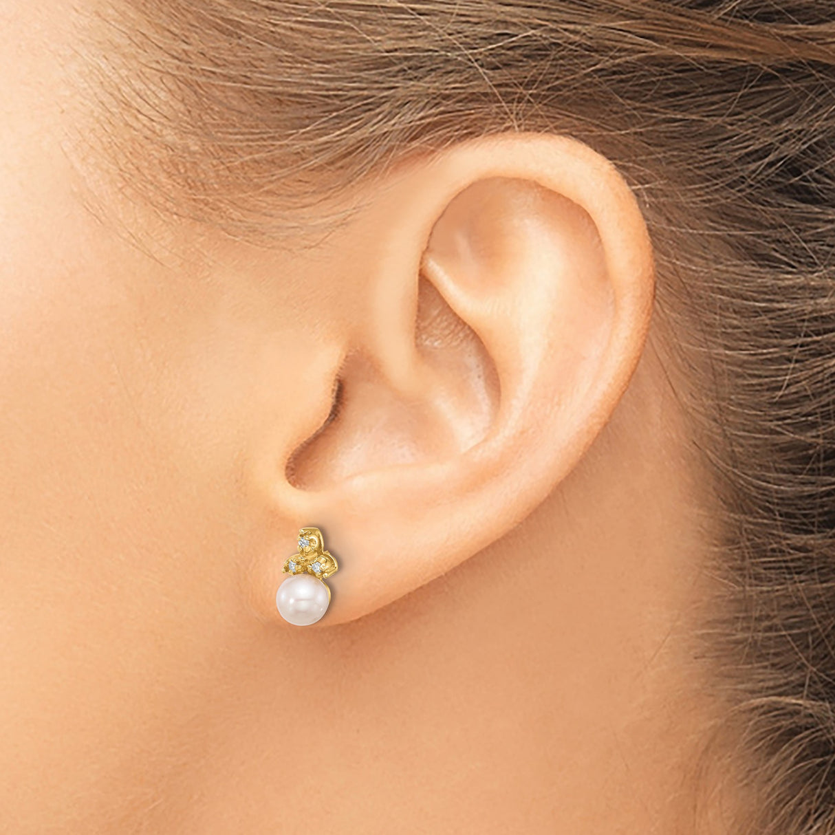 14k Yellow Gold Stud Earrings with White Cultured Pearls and Diamond Accents, Floral Design