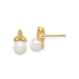 14k Yellow Gold Stud Earrings with White Cultured Pearls and Diamond Accents, Floral Design