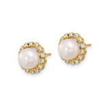 14k Yellow Gold Stud Earrings with Round White Cultured Pearls and Diamond Halo