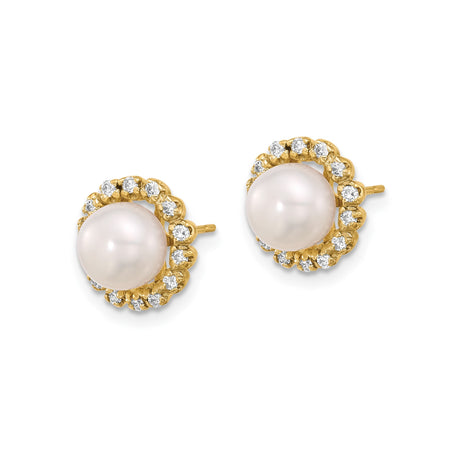 14k Yellow Gold Stud Earrings with Round White Cultured Pearls and Diamond Halo