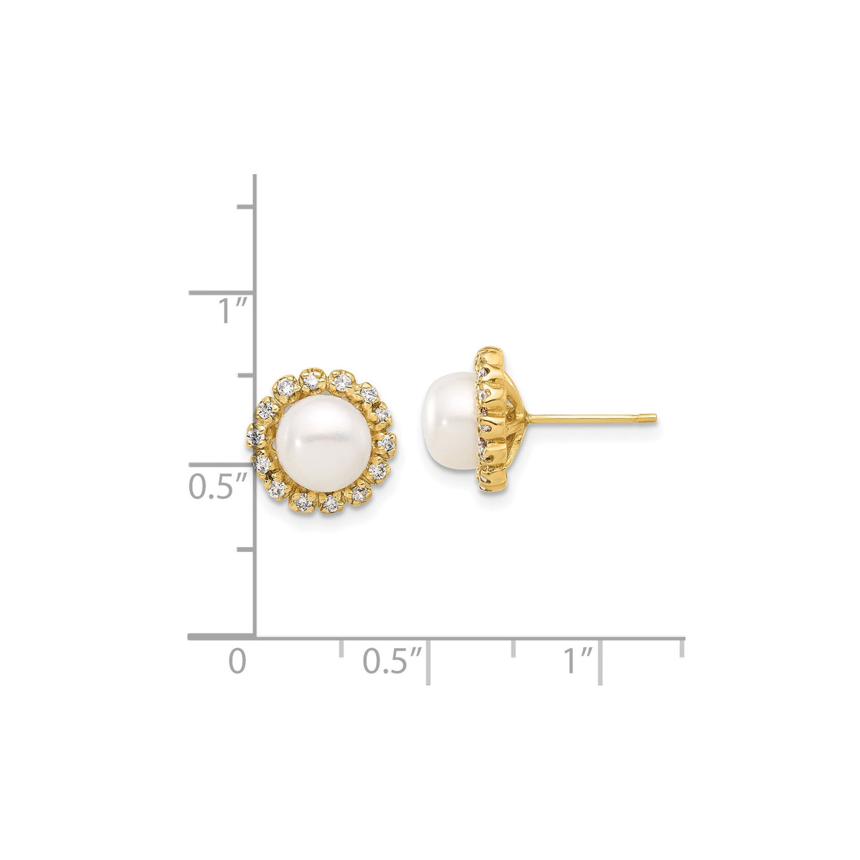 14k Yellow Gold Stud Earrings with Round White Cultured Pearls and Diamond Halo