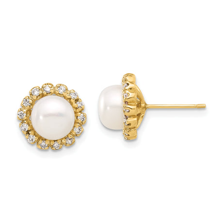 14k Yellow Gold Stud Earrings with Round White Cultured Pearls and Diamond Halo