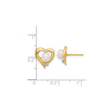 14k Yellow Gold Heart Stud Earrings with White Cultured Pearl and Diamond Accent