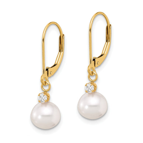 14k Yellow Gold Dangle Earrings with White Cultured Pearls and Cubic Zirconia Accents