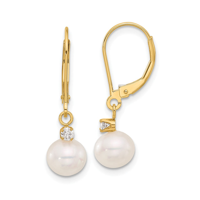 14k Yellow Gold Dangle Earrings with White Cultured Pearls and Cubic Zirconia Accents