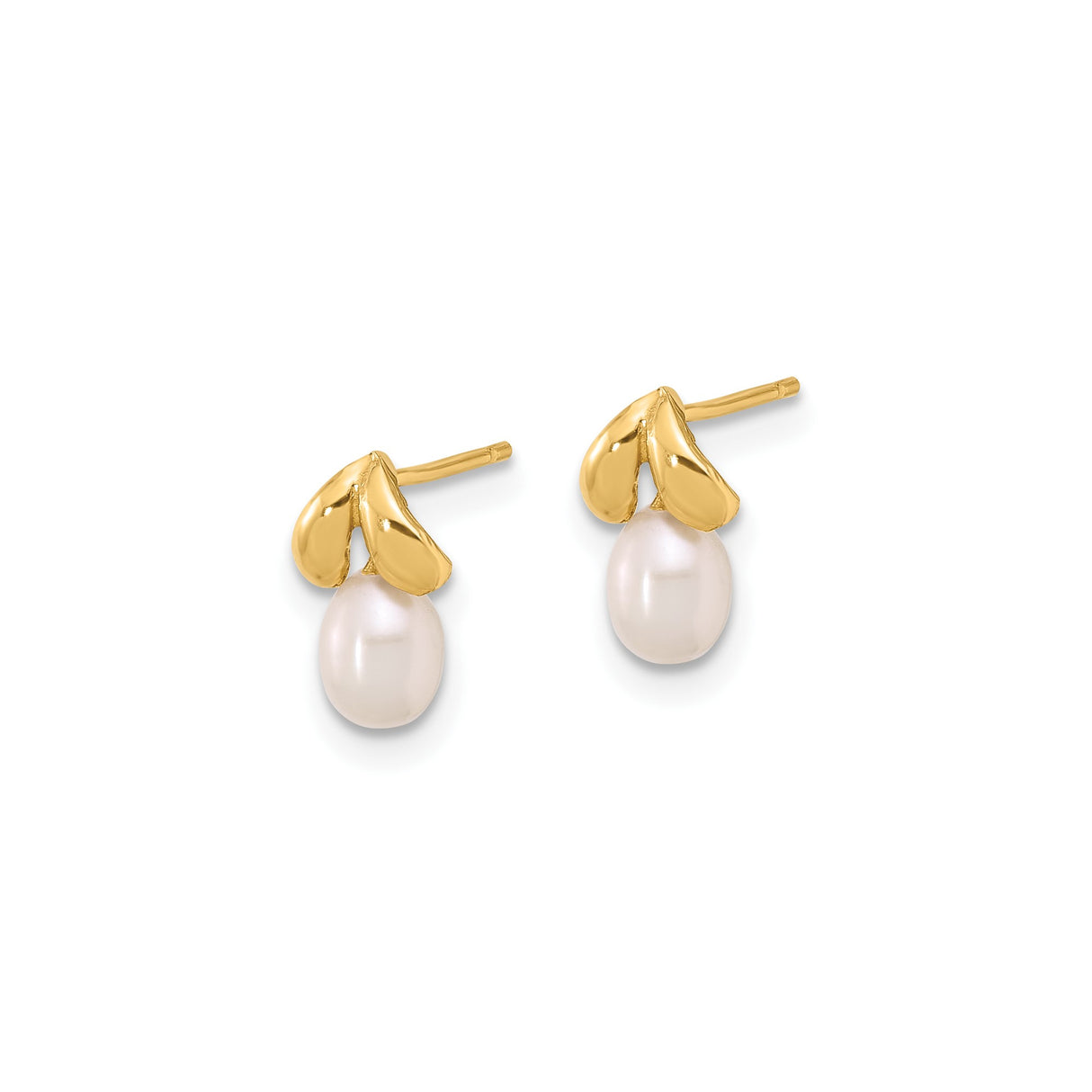 14k Yellow Gold Stud Earrings with White Freshwater Pearls and Heart Accent
