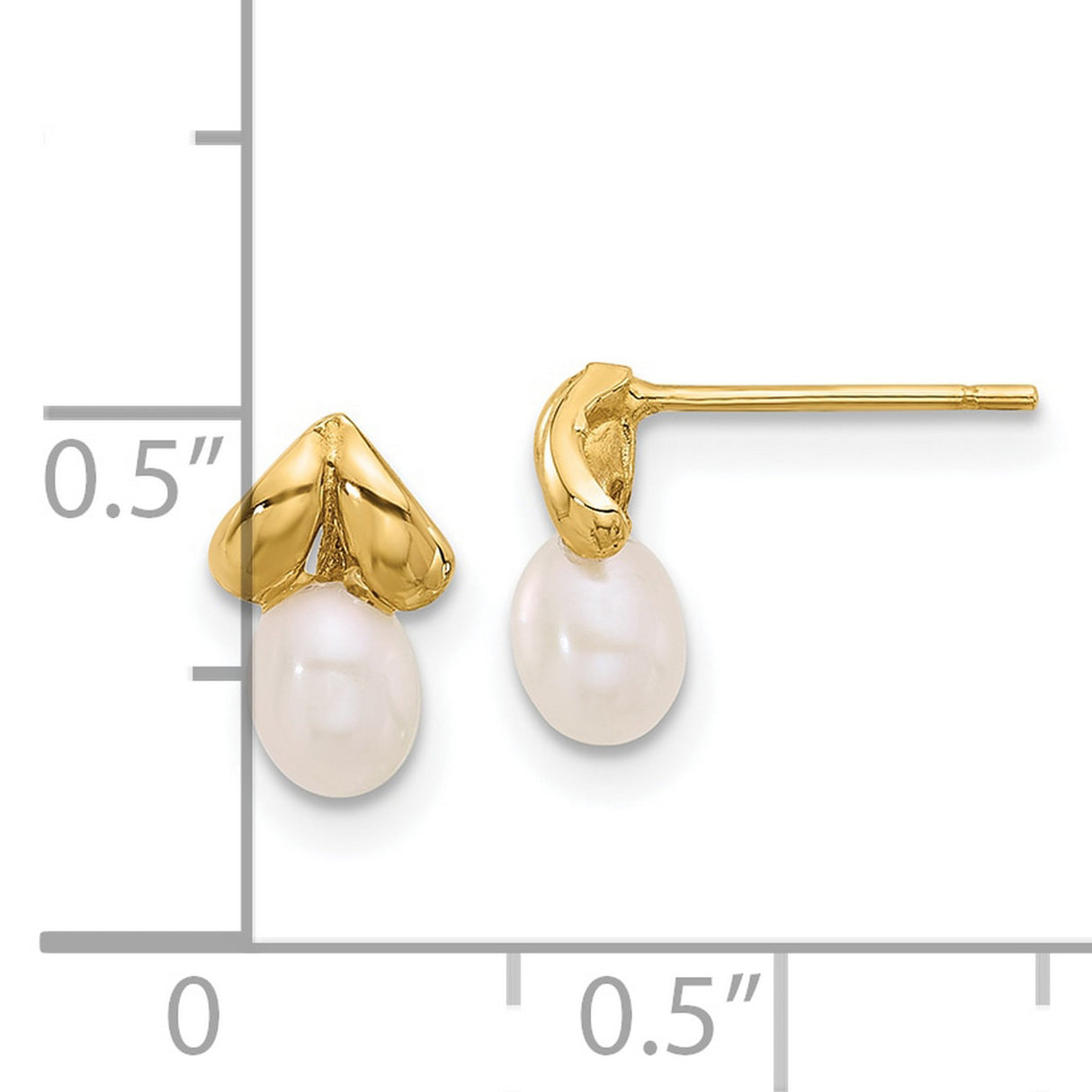 14k Yellow Gold Stud Earrings with White Freshwater Pearls and Heart Accent
