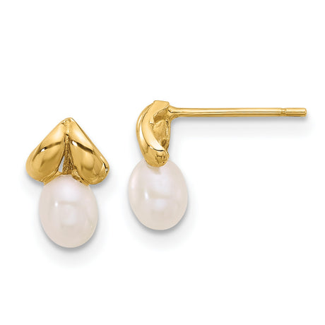 14k Yellow Gold Stud Earrings with White Freshwater Pearls and Heart Accent