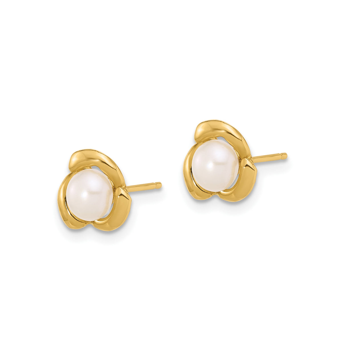 14k Yellow Gold Floral Stud Earrings with White Cultured Pearls for Women