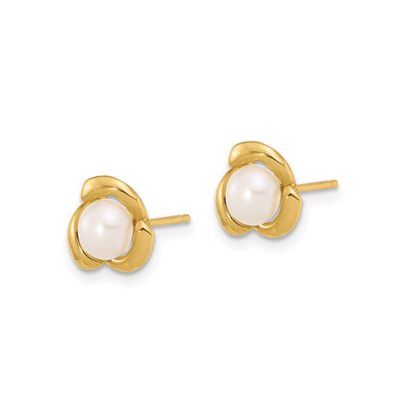 14k Yellow Gold Floral Stud Earrings with White Cultured Pearls for Women