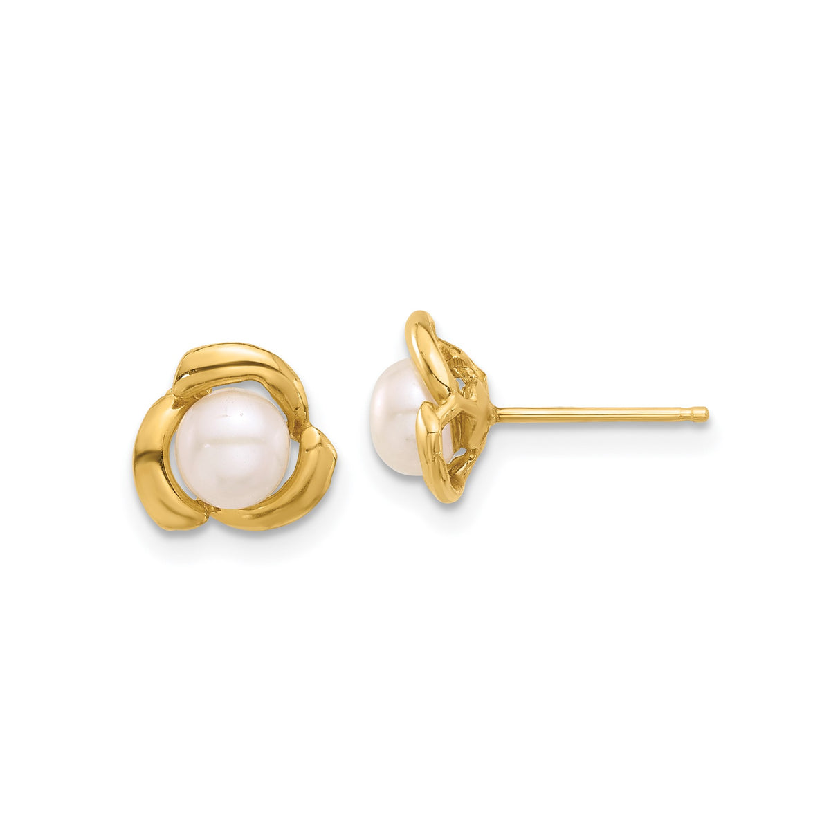14k Yellow Gold Floral Stud Earrings with White Cultured Pearls for Women