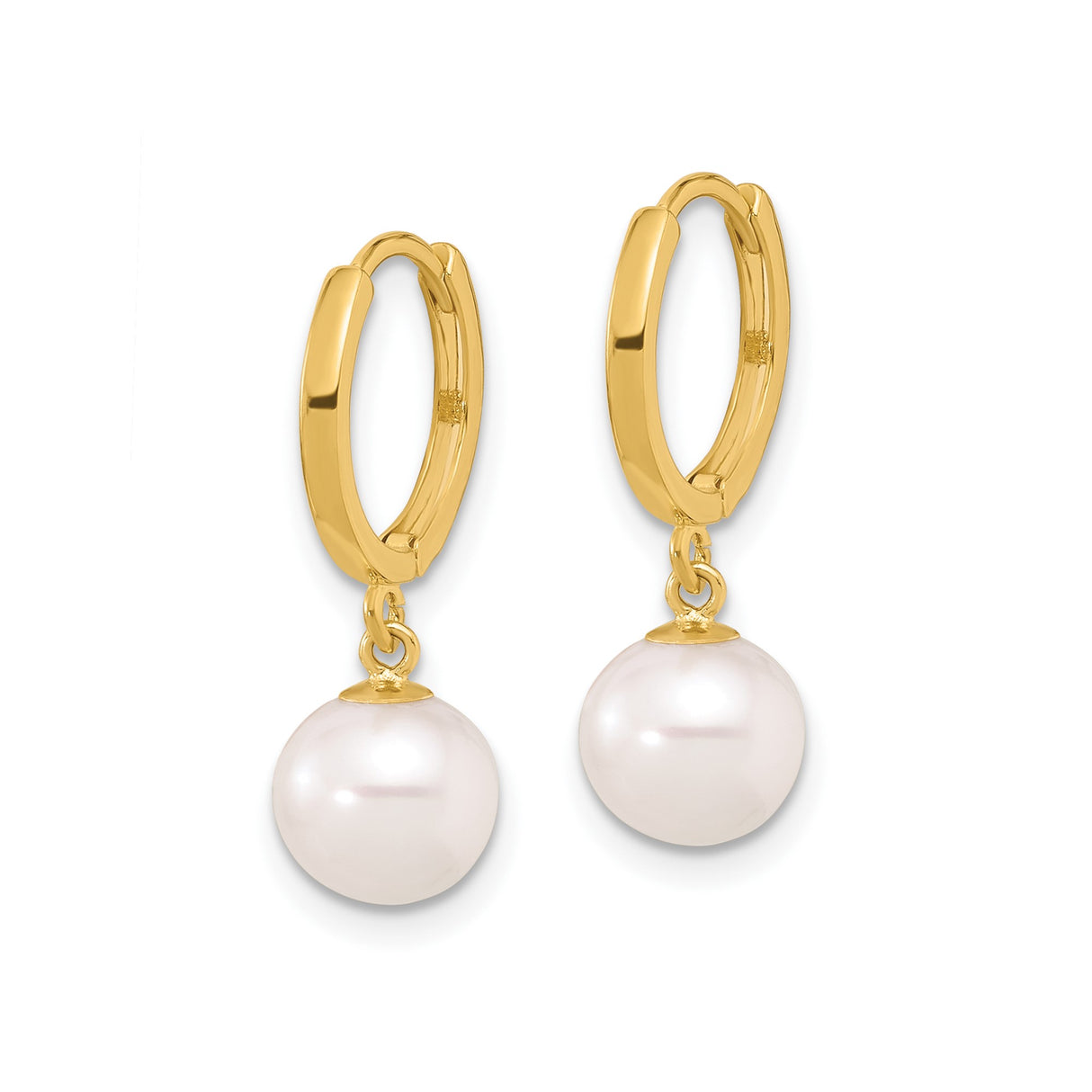 14k Yellow Gold Hoop Earrings with Cultured Freshwater Pearl Dangles, Minimalist Design for Women