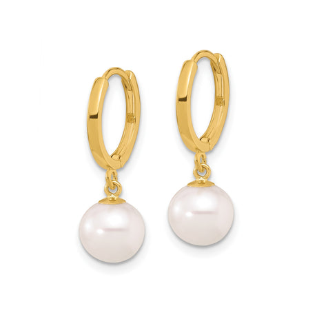 14k Yellow Gold Hoop Earrings with Cultured Freshwater Pearl Dangles, Minimalist Design for Women