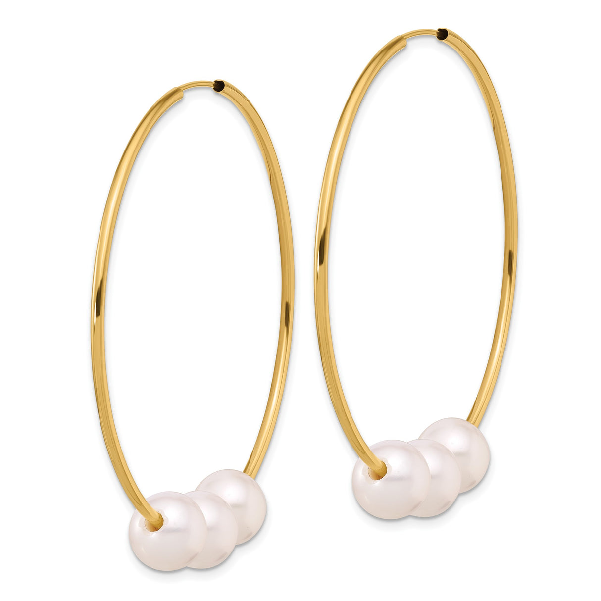 14k Yellow Gold Hoop Earrings with Three White Freshwater Pearls, Minimalist Dangle Style
