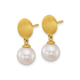 14k Yellow Gold Dangle Stud Earrings with Brushed Disc and White Cultured Pearls