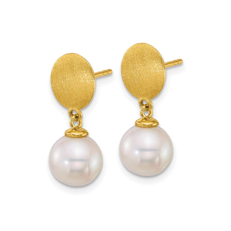 14k Yellow Gold Dangle Stud Earrings with Brushed Disc and White Cultured Pearls