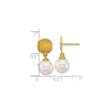 14k Yellow Gold Dangle Stud Earrings with Brushed Disc and White Cultured Pearls