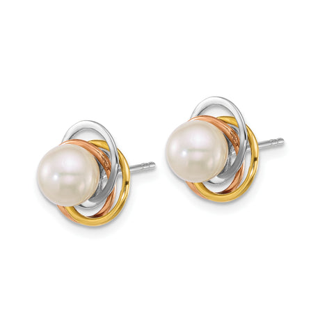 14k Tri-Color Gold Stud Earrings with Interlocking Hoops and Cultured Pearl Center