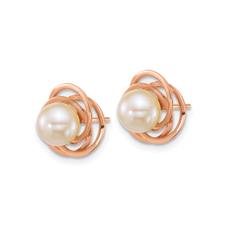 14k Rose Gold Pearl Stud Earrings with Intertwined Knot Design for Women