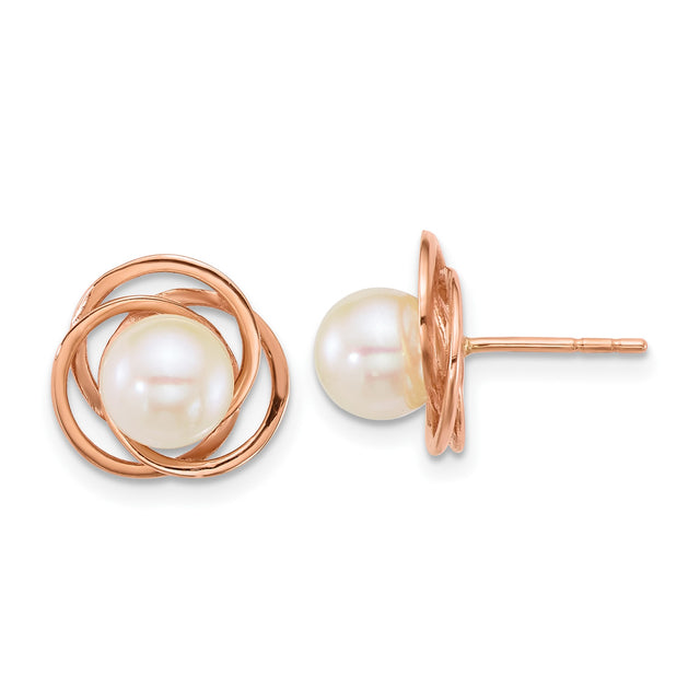 14k Rose Gold Pearl Stud Earrings with Intertwined Knot Design for Women