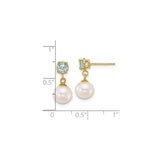 14k Yellow Gold Drop Earrings with Swiss Blue Topaz and White Cultured Pearls, Dangle Design