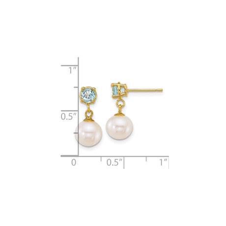 14k Yellow Gold Drop Earrings with Swiss Blue Topaz and White Cultured Pearls, Dangle Design