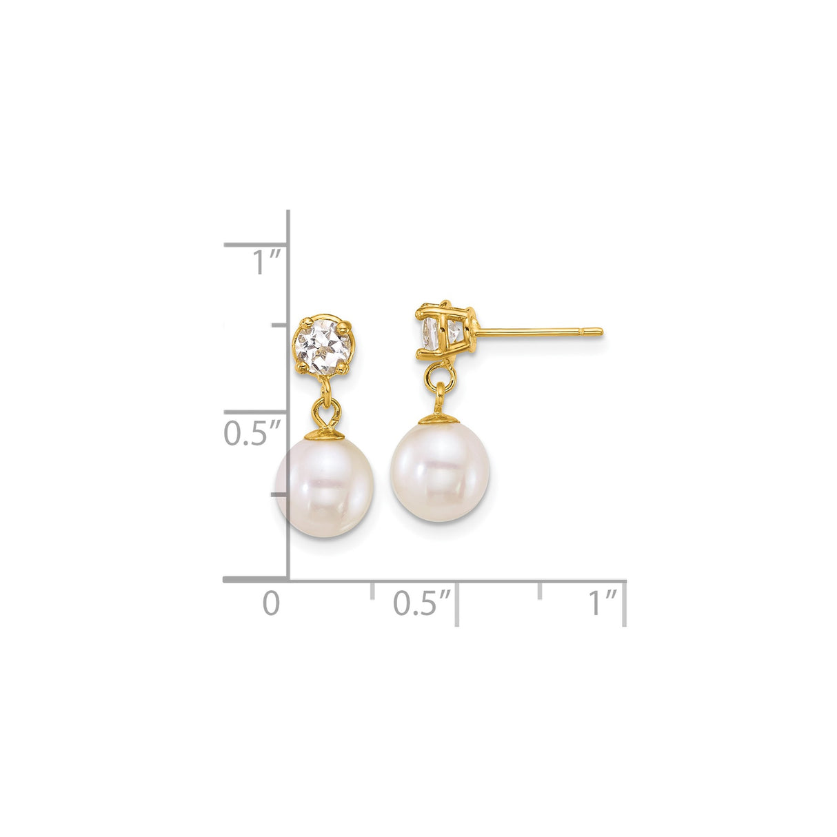 14k Yellow Gold Drop Stud Earrings with White Topaz and Pearl for Women