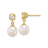 14k Yellow Gold Drop Stud Earrings with White Topaz and Pearl for Women