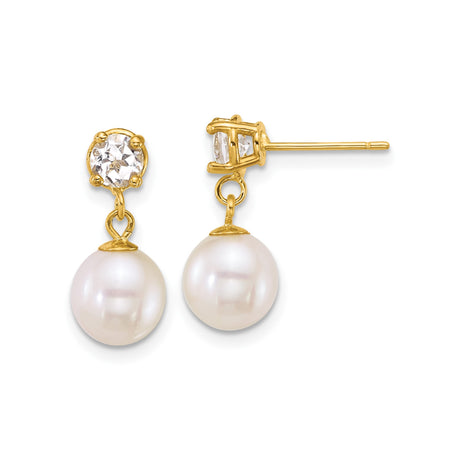 14k Yellow Gold Drop Stud Earrings with White Topaz and Pearl for Women