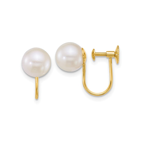 14k Yellow Gold Clip-On Pearl Earrings for Women with Round White Cultured Pearls, Screwback Design for Secure Fit, Classic Bridal Jewelry for Nonpierced Ears, Formal and Wedding Wear