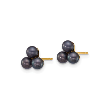 14k Yellow Gold Stud Earrings with Black Cultured Pearls in Triangular Cluster Design
