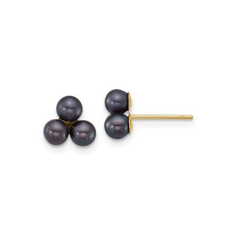 14k Yellow Gold Stud Earrings with Black Cultured Pearls in Triangular Cluster Design