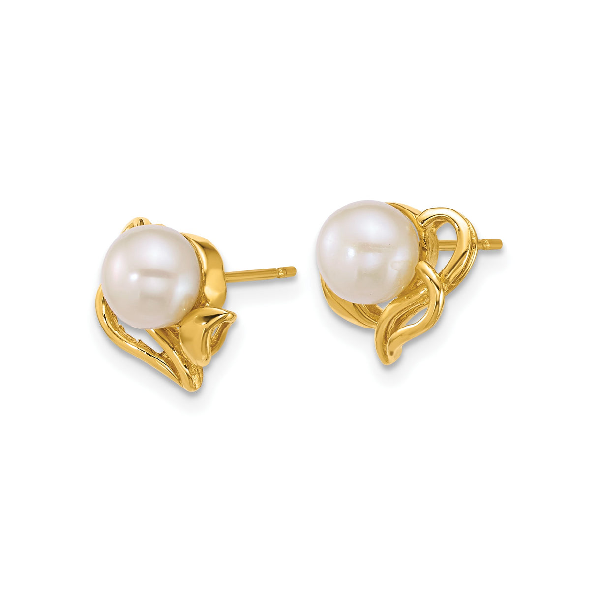 14k Yellow Gold Pearl Stud Earrings, Floral Leaf and Petal Motif for Women