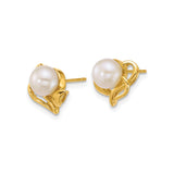 14k Yellow Gold Pearl Stud Earrings, Floral Leaf and Petal Motif for Women