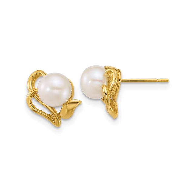 14k Yellow Gold Pearl Stud Earrings, Floral Leaf and Petal Motif for Women