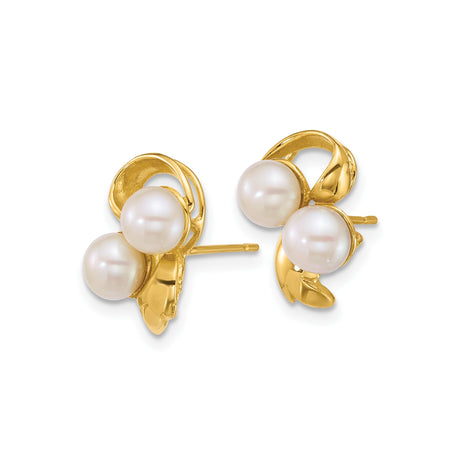 14k Yellow Gold Stud Earrings with Three White Cultured Pearls, Floral Inspired Design