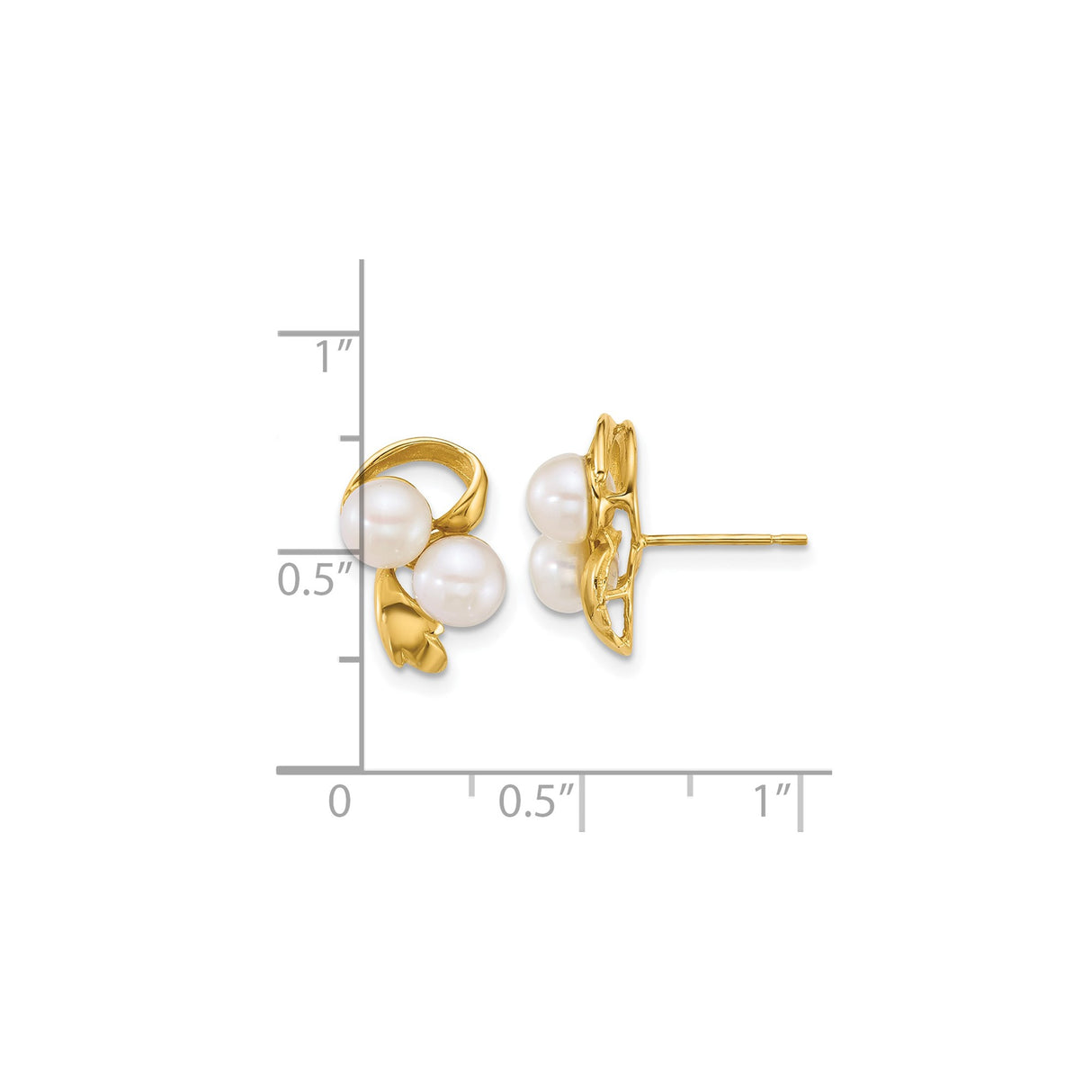 14k Yellow Gold Stud Earrings with Three White Cultured Pearls, Floral Inspired Design
