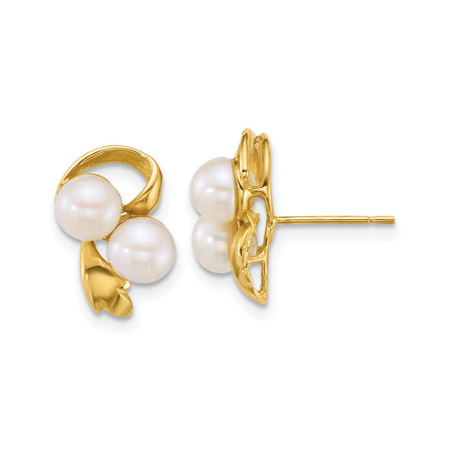 14k Yellow Gold Stud Earrings with Three White Cultured Pearls, Floral Inspired Design