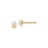 14k Yellow Gold Stud Earrings with Round White Cultured Pearls, Star Accent Base