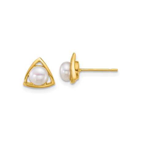 14k Yellow Gold Stud Earrings with White Cultured Pearl, Open Triangle Minimalist Design