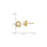 14k Yellow Gold Stud Earrings with White Cultured Pearls, Classic Love Knot Design