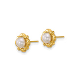 14k Yellow Gold Pearl Stud Earrings with Textured Floral Design