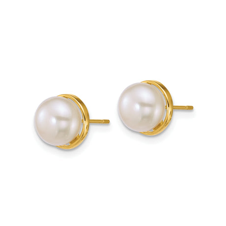 14k Yellow Gold Pearl Stud Earrings with Round White Cultured Pearls in Bezel Setting