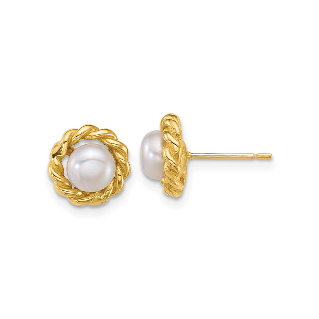 14k Yellow Gold Stud Earrings with White Cultured Pearls and Twisted Rope Design