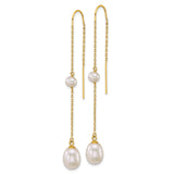14k Yellow Gold Threader Earrings with Freshwater Pearls, Long Chain Drop Dangle Design