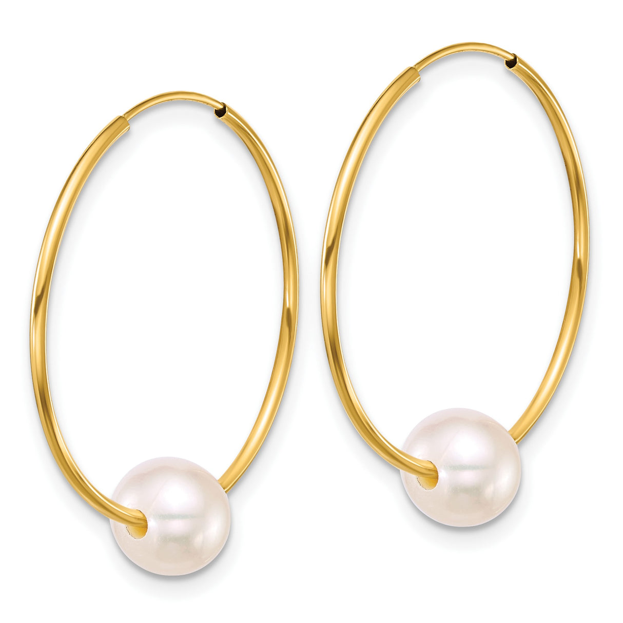 14k Yellow Gold Hoop Earrings with Cultured White Pearls, Classic Endless Design for Women