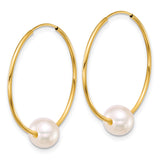14k Yellow Gold Hoop Earrings with Cultured White Pearls, Classic Endless Design for Women
