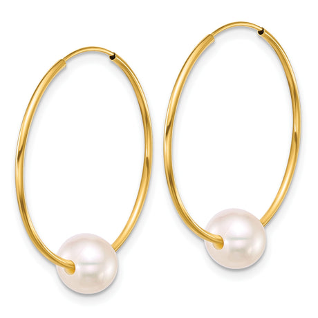 14k Yellow Gold Hoop Earrings with Cultured White Pearls, Classic Endless Design for Women