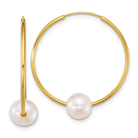14k Yellow Gold Hoop Earrings with Cultured White Pearls, Classic Endless Design for Women